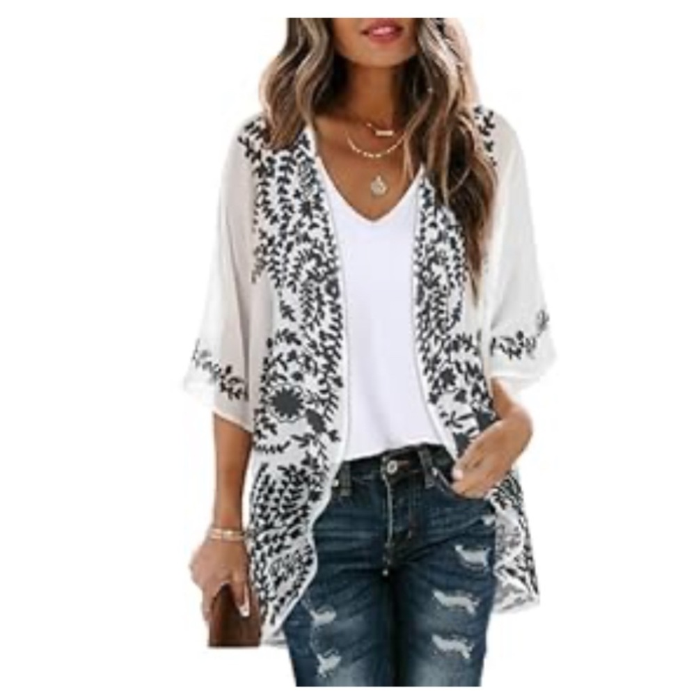 White and Black Floral Kimono Cardigan